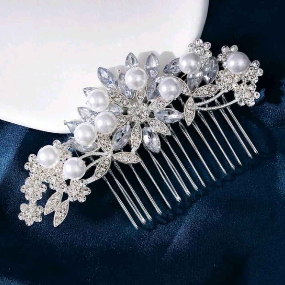 Wedding Hair Comb Silver and White Floral Rhinestone Faux Pearl Bridal Hair Comb